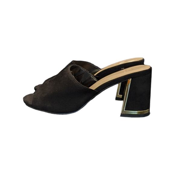 H Halston Vegan Suede Sandals Spain Block Heel Gold Trim Womens 8 Heels Pumps - Picture 2 of 7